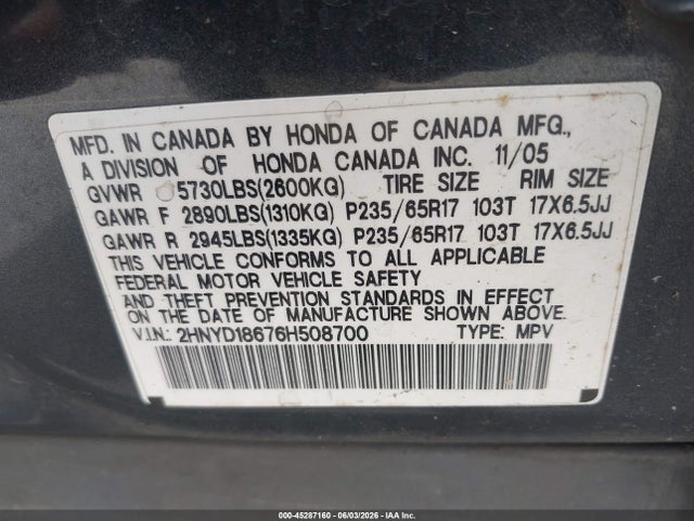 Продаж на аукціоні авто 2006 Acura Mdx, vin: 2HNYD18676H508700, номер лоту: 45287160