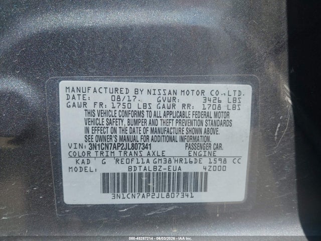 Aukcja sprzedaży 2018 Nissan Versa 1.6 Sv, vin: 3N1CN7AP2JL807341, numer aukcji: 45287214