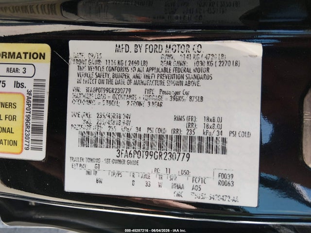 Продажа на аукционе авто 2016 Ford Fusion Se, vin: 3FA6P0T99GR230779, номер лота: 45287216