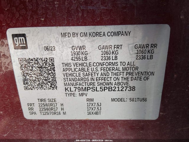 KL79MPSL5PB212738 Chevrolet Trailblazer Fwd Lt