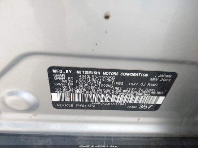 45287245 :رقم المزاد ، JA4ARUAU3PU011865 vin ، 2023 Mitsubishi Outlander Sport 2.0 Es Awc/2.0 Le Awc/2.0 Ralliart Awc/2.0 S Awc/2.0 Se Awc مزاد بيع