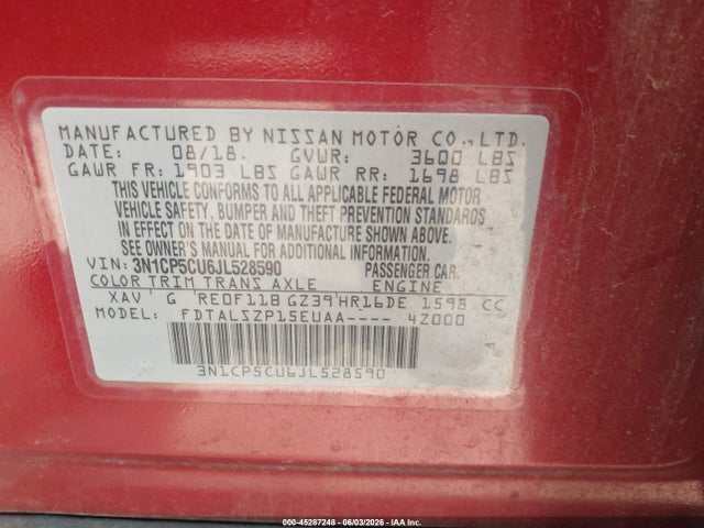 3N1CP5CU6JL528590 Nissan KICKS SV