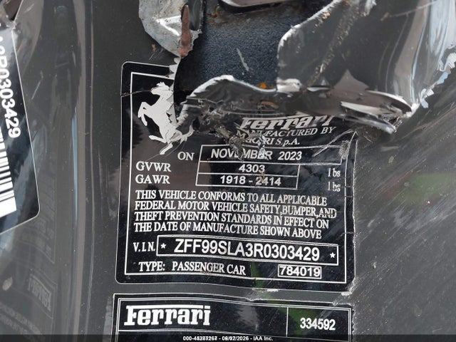 45287267 :رقم المزاد ، ZFF99SLA3R0303429 vin ، 2024 Ferrari 296 Gtb مزاد بيع