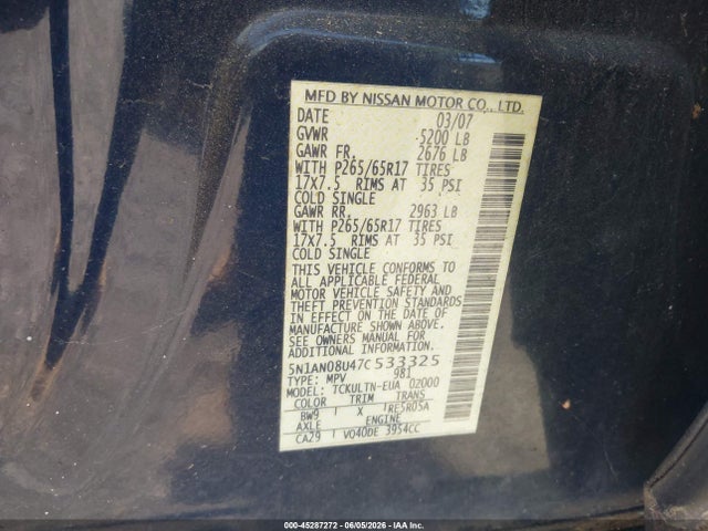 Продаж на аукціоні авто 2007 Nissan Xterra Se, vin: 5N1AN08U47C533325, номер лоту: 45287272