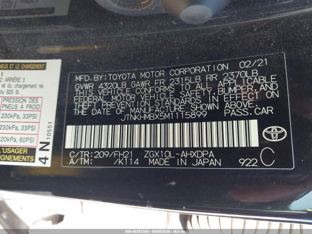 Auction sale of the 2021 Toyota C-hr Le, vin: JTNKHMBX5M1115899, lot number: 45287280