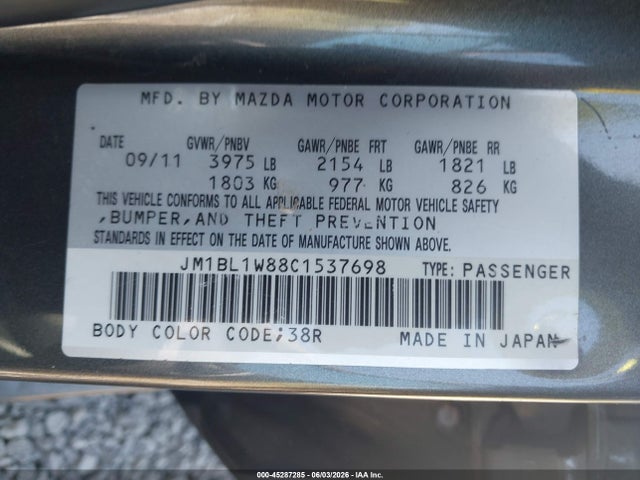 2012 Mazda Mazda3 I Grand Touring მანქანა იყიდება აუქციონზე, vin: JM1BL1W88C1537698, აუქციონის ნომერი: 45287285