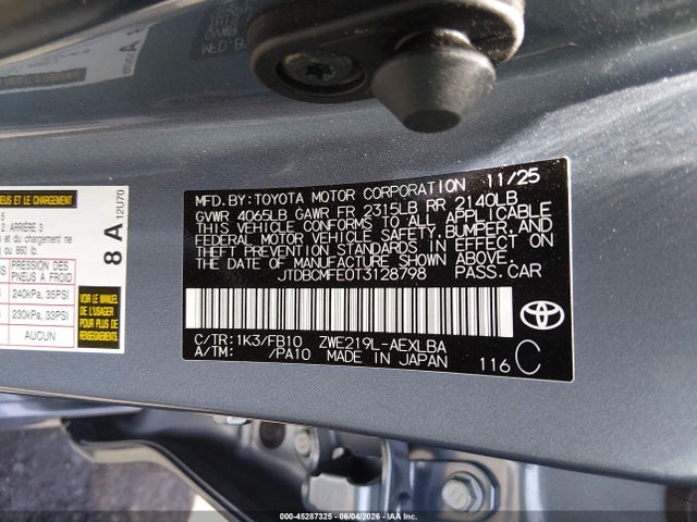 JTDBCMFE0T3128798 Toyota Corolla Hybrid Hybrid Le