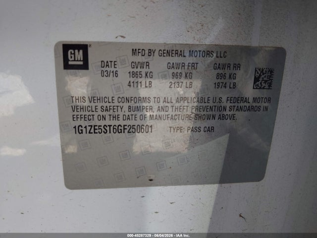Продажа на аукционе авто 2016 Chevrolet Malibu 1lt, vin: 1G1ZE5ST6GF250601, номер лота: 45287329