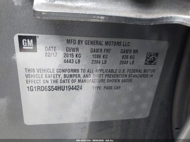Aukcja sprzedaży 2017 Chevrolet Volt Premier, vin: 1G1RD6S54HU194424, numer aukcji: 45287334