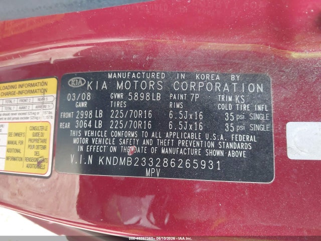 Aukcja sprzedaży 2008 Kia Sedona Lx, vin: KNDMB233286265931, numer aukcji: 45287360