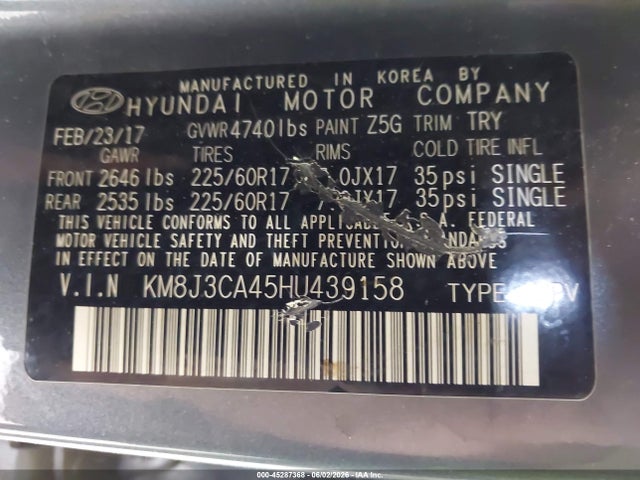 Продаж на аукціоні авто 2017 Hyundai Tucson Se, vin: KM8J3CA45HU439158, номер лоту: 45287368