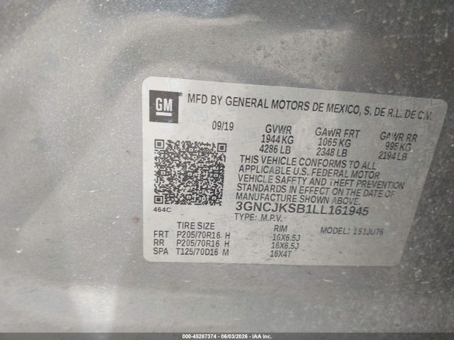 3GNCJKSB1LL161945 Chevrolet Trax Fwd Ls