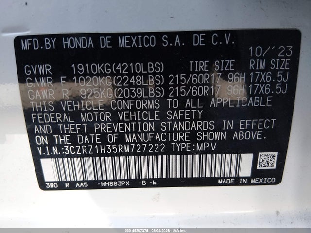 Auction sale of the 2024 Honda Hr-v 2wd Lx, vin: 3CZRZ1H35RM727222, lot number: 45287375