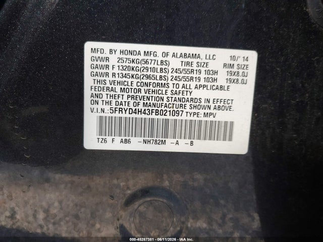 2015 Acura Mdx Technology Package მანქანა იყიდება აუქციონზე, vin: 5FRYD4H43FB021097, აუქციონის ნომერი: 45287381