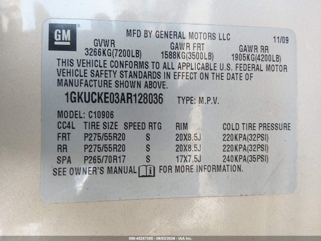 2010 Gmc Yukon Xl 1500 Slt მანქანა იყიდება აუქციონზე, vin: 1GKUCKE03AR128036, აუქციონის ნომერი: 45287388