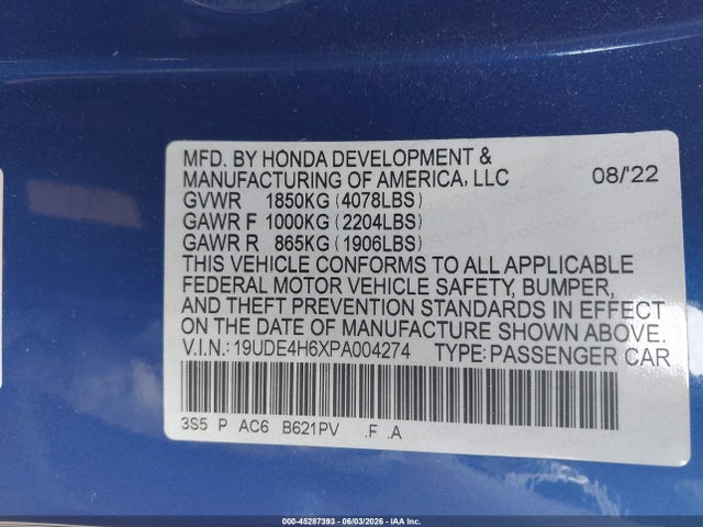 45287393 :رقم المزاد ، 19UDE4H6XPA004274 vin ، 2023 Acura Integra A-spec Technology مزاد بيع
