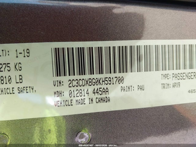 2C3CDXBG0KH591700 Dodge Charger Sxt Rwd
