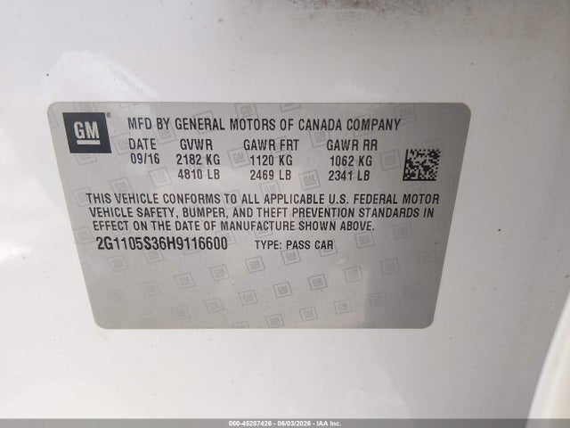 Aukcja sprzedaży 2017 Chevrolet Impala 1lt, vin: 2G1105S36H9116600, numer aukcji: 45287426