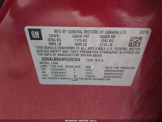 Продаж на аукціоні авто 2015 Chevrolet Equinox 1lt, vin: 2GNALBEK4F6302304, номер лоту: 45287429