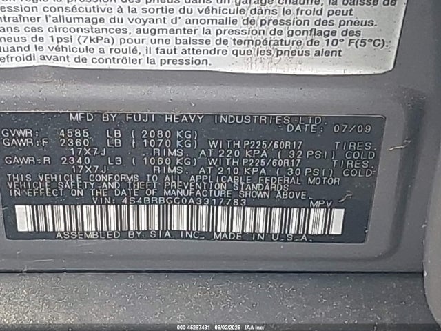 Aukcja sprzedaży 2010 Subaru Outback 2.5i Premium, vin: 4S4BRBGC0A3317783, numer aukcji: 45287431