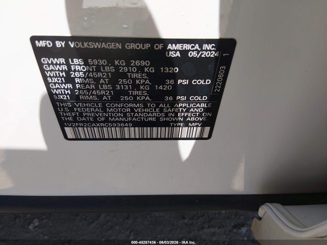 1V2FR2CAXRC593649 Volkswagen Atlas 2.0t Sel Premium R-line