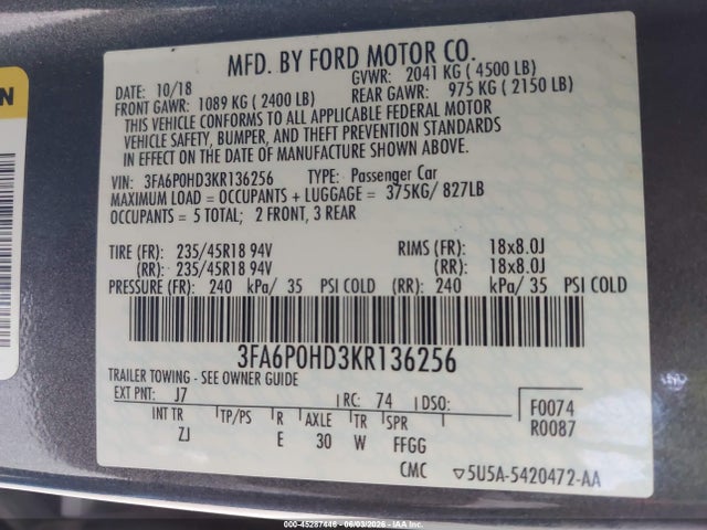 Ford FUSION SE 2019 3FA6P0HD3KR136256 Image 9