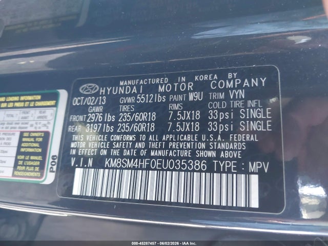 2014 Hyundai Santa Fe Gls მანქანა იყიდება აუქციონზე, vin: KM8SM4HF0EU035386, აუქციონის ნომერი: 45287457