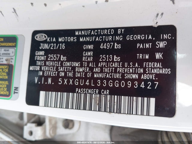 2016 Kia Optima Ex მანქანა იყიდება აუქციონზე, vin: 5XXGU4L33GG093427, აუქციონის ნომერი: 45287476