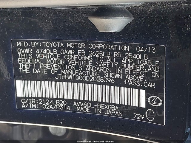 Продажа на аукционе авто 2013 Lexus Es 300h, vin: JTHBW1GG0D2028096, номер лота: 45287495
