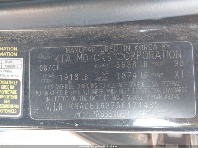 45287501 :رقم المزاد ، KNADE163766171485 vin ، 2006 Kia Rio5 Sx مزاد بيع