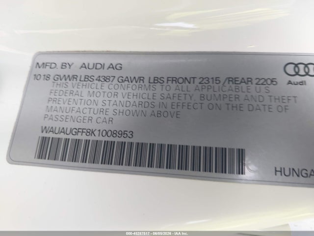 45287517 :رقم المزاد ، WAUAUGFF8K1008953 vin ، 2019 Audi A3 40 Premium/40 Titanium Premium مزاد بيع