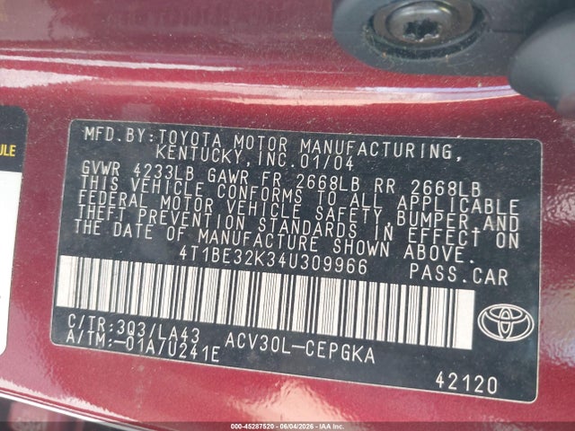 Продаж на аукціоні авто 2004 Toyota Camry Xle, vin: 4T1BE32K34U309966, номер лоту: 45287520