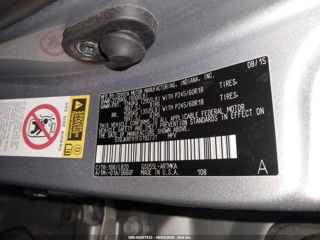 Toyota Highlander Xle V6 2015 5TDJKRFH1FS192731 Image 9