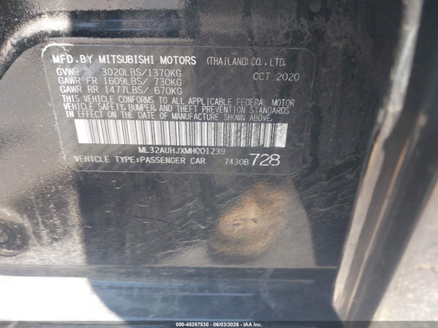 45287530 :رقم المزاد ، ML32AUHJXMH001239 vin ، 2021 Mitsubishi Mirage Carbonite Edition/es/le مزاد بيع