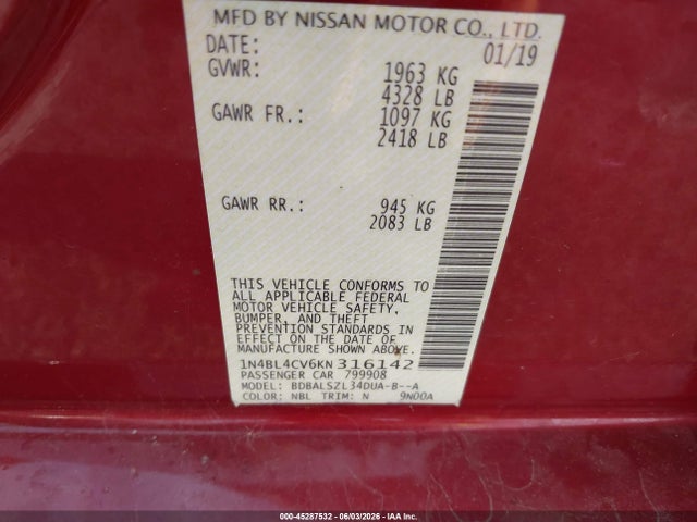 Aukcja sprzedaży 2019 Nissan Altima 2.5 Sr, vin: 1N4BL4CV6KN316142, numer aukcji: 45287532