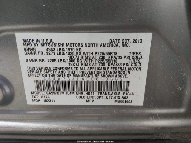 4A4AP3AU4EE013663 Mitsubishi Outlander Sport Es