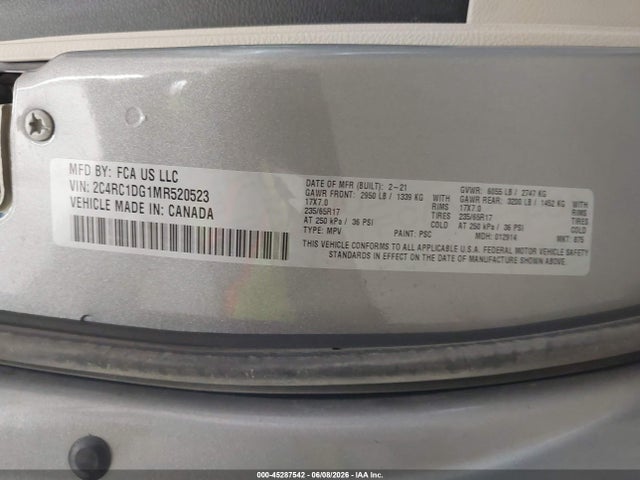 45287542 :رقم المزاد ، 2C4RC1DG1MR520523 vin ، 2021 Chrysler Voyager Lxi مزاد بيع