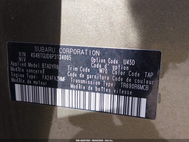 45287558 :رقم المزاد ، 4S4BTGUD6P3134005 vin ، 2023 Subaru Outback Wilderness مزاد بيع