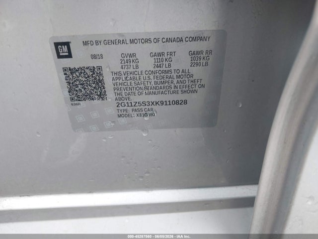 45287560 :رقم المزاد ، 2G11Z5S3XK9110828 vin ، 2019 Chevrolet Impala Lt مزاد بيع