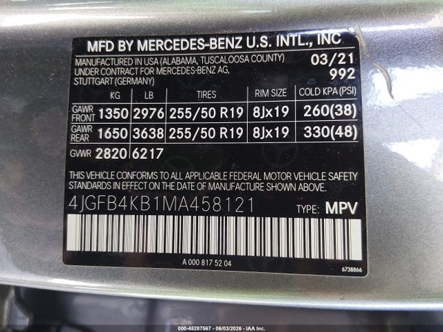 Aukcja sprzedaży 2021 Mercedes-benz Gle 350 4matic, vin: 4JGFB4KB1MA458121, numer aukcji: 45287567