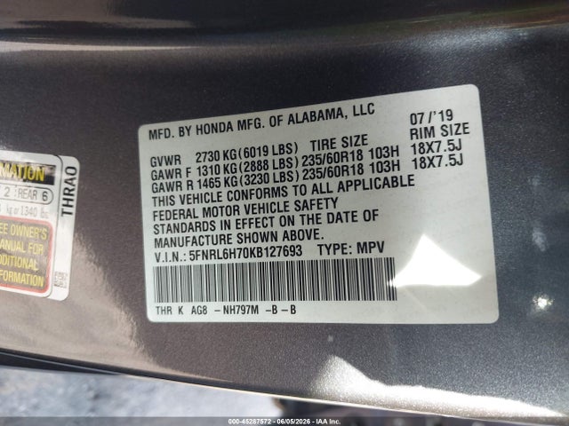 Aukcja sprzedaży 2019 Honda Odyssey Ex-l, vin: 5FNRL6H70KB127693, numer aukcji: 45287572