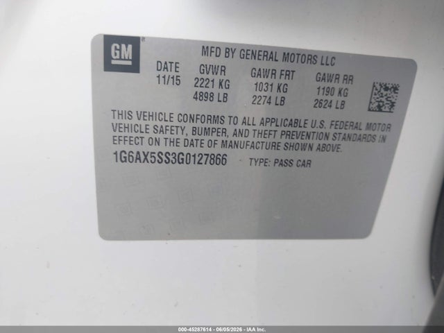 Aukcja sprzedaży 2016 Cadillac Cts Luxury Collection, vin: 1G6AX5SS3G0127866, numer aukcji: 45287614