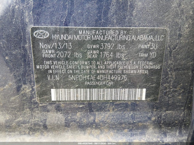 2013 Hyundai Elantra Gls მანქანა იყიდება აუქციონზე, vin: 5NPDH4AE4DH449976, აუქციონის ნომერი: 45287640