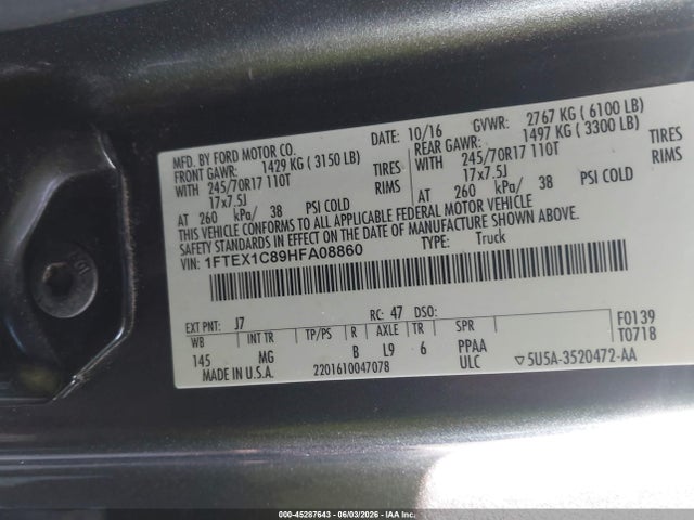 45287643 :رقم المزاد ، 1FTEX1C89HFA08860 vin ، 2017 Ford F-150 Xlt مزاد بيع