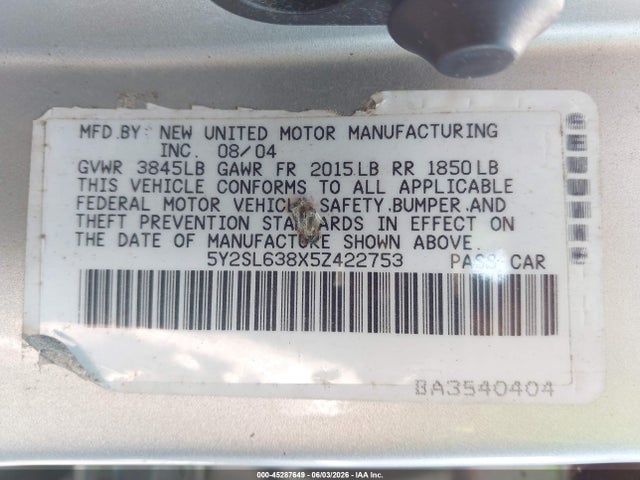2005 Pontiac Vibe მანქანა იყიდება აუქციონზე, vin: 5Y2SL638X5Z422753, აუქციონის ნომერი: 45287649