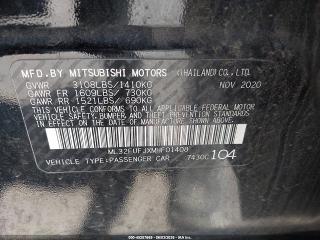 45287669 :رقم المزاد ، ML32FUFJXMHF01408 vin ، 2021 Mitsubishi Mirage G4 Carbonite Edition/es/le مزاد بيع