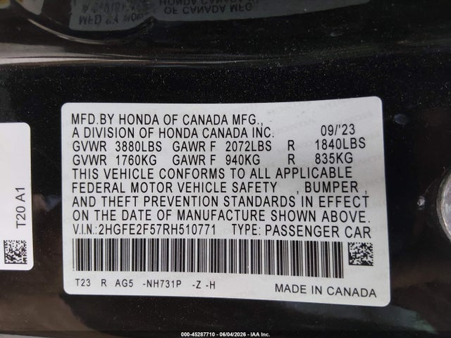 2HGFE2F57RH510771 Honda Civic Sport