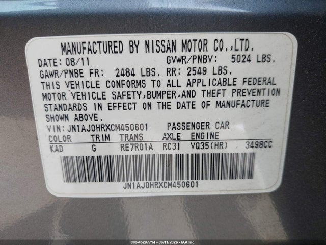 45287714 :رقم المزاد ، JN1AJ0HRXCM450601 vin ، 2012 Infiniti Ex35 Journey مزاد بيع