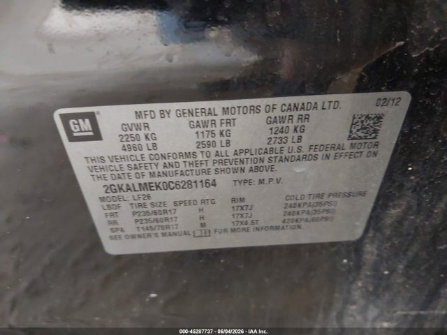 Aukcja sprzedaży 2012 Gmc Terrain Sle-1, vin: 2GKALMEK0C6281164, numer aukcji: 45287737
