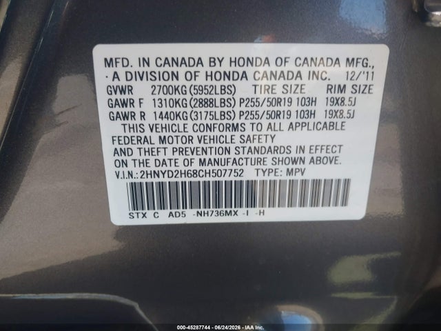 Aukcja sprzedaży 2012 Acura Mdx Advance Package, vin: 2HNYD2H68CH507752, numer aukcji: 45287744